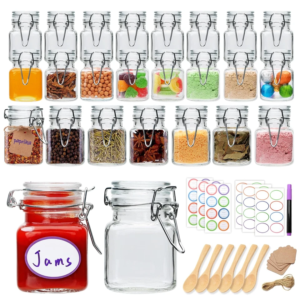 BRAJTTT 4 oz Spice Jars with Labels 25 Pack Small Glass Lids Containers Airtight Hinged