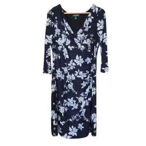 LAUREN Ralph Lauren 14 Faux Wickelkleid 3/4 Arm blau Blumen Jersey Etui - Bild 1 von 10