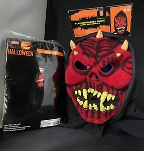 New NOS 2007 Flocked Hooded Mask & Cape Red Devil Demon Horns Halloween Costume - Picture 1 of 9