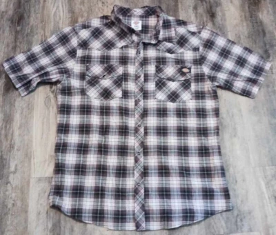 Camisa Dickies Western Para Hombre 2XL Delgada Marrón A Cuadros Manga Corta Perla Vaquero a Presión Foto 1 de 4