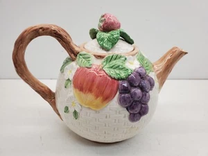 Vintage Fitz And Floyd Teapot With Fruit And Basket Weave Pattern - Picture 1 of 10