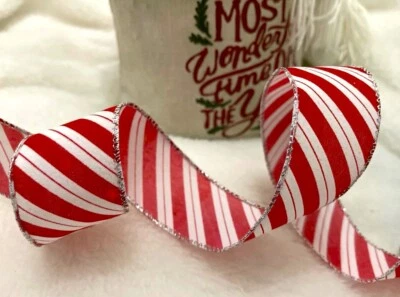 Christmas CANDY CANE Festive stripes sweet twist canes - Luxury Wire Edge Ribbon - Image 1 of 4