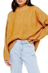 TOPSHOP Oversized Mock Neck Ribbed Pullover Sweater US 8-10 Mustard Pink NEW - Picture 1 of 8