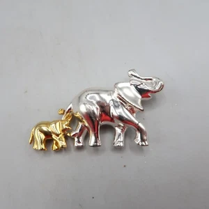 Vintage Yellow Gold Silver Toned Baby & Mother Elephant Brooch Pin - Picture 1 of 4