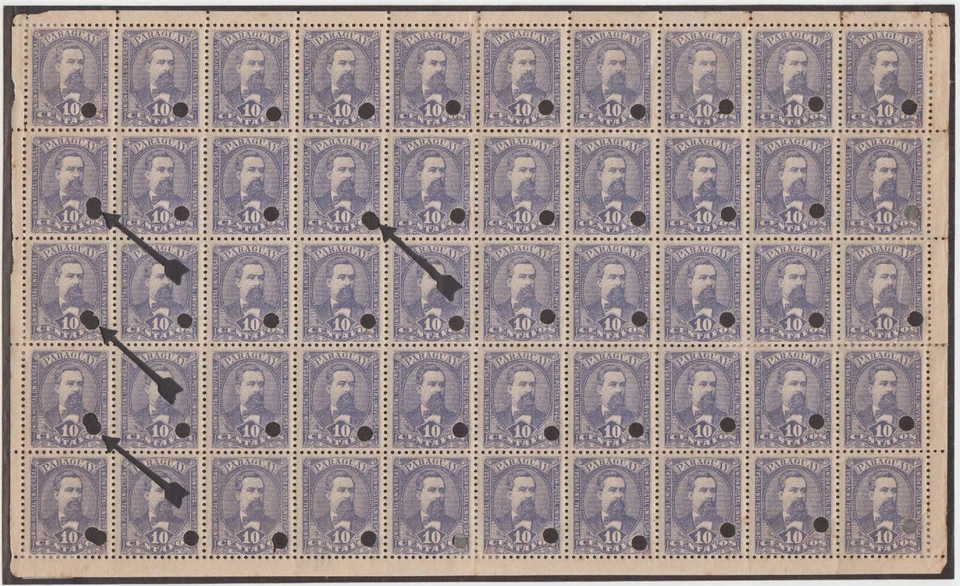 PARAGUAY 1892-96 Sc 37 HOJA COMPLETA DE 50 CON 5 SELLOS AGUJEROS PERFORADOS DOBLES RARO Foto 1 de 1