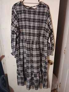 Terra Sky Dress Black Checkered Tiered Long Sleeve Maxi Plus 3X 24w-26w - Picture 1 of 4