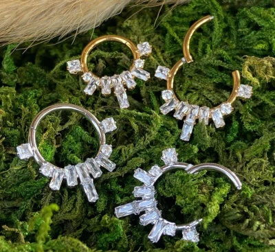 1pc Baguette Gem Fan Hinged Segment Ring 16g Septum Clicker Helix Orbital Daith - Image 1 of 4