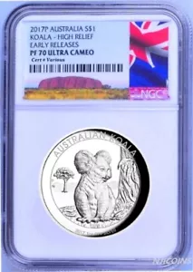2017 P Australia HIGH RELIEF 1oz Silver Koala $1 Coin NGC PF70 ER NEW LABEL COA - Picture 1 of 3