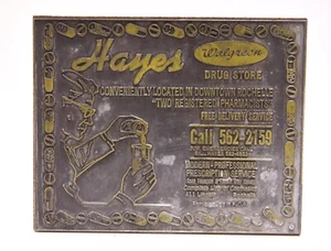 VINTAGE HAYES WAGREEN DRUG STORE PHARMACY LETTERPRESS PRINTERS BLOCK - Picture 1 of 4