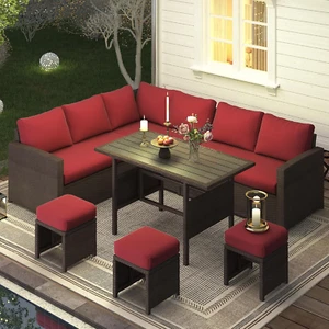 Outdoor Furniture Set, 7-Piece Rattan Wicker Patio Dining Conversation Set, Wine - Picture 1 of 12