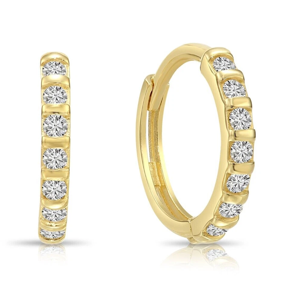 14K Solid Yellow Gold Dainty Pave CZ Eternity Huggie Hoop Earrings Small 12.5MM - Image 1 of 4