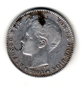 ESPAÑA: 1 peseta plata 1901 SM.V. *19* *01*  Rey ALFONSO XIII - Picture 1 of 2