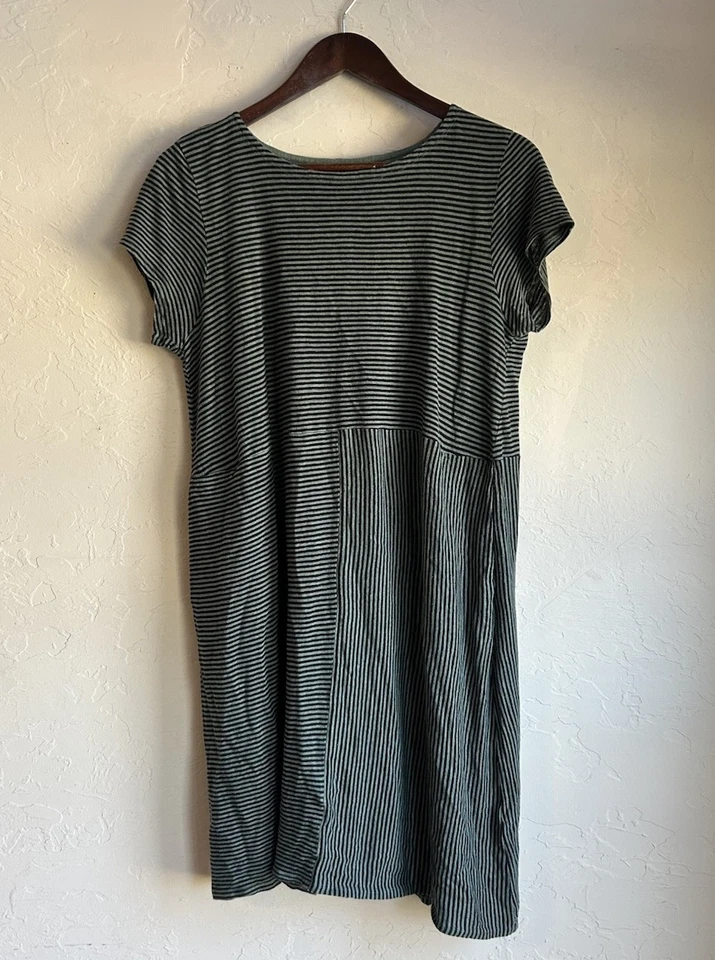 Eileen Fisher 100% Organic Linen Green Black Striped Knit T-shirt Dress M Casual - Image 1 of 4