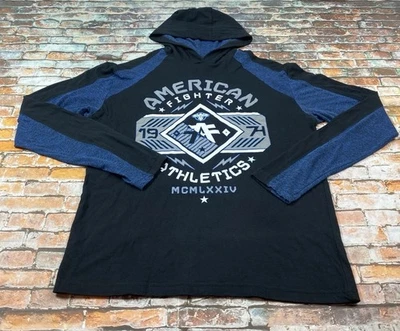 American Fighter Shirt Adult Large Blue Black Long Sleeve Hood MMA Tee Mens - Image 1 of 4
