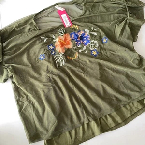 Neu Xhilaraton Armeegrünes transparentes Top mit Stickerei & integriertem Tank Damen XL - Bild 1 von 5