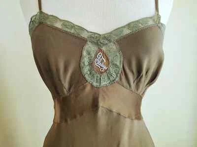 Vintage 1940's Vintage Silk/Lace Slip Dark Brown Sage Green Lace Regine Brenner - Image 1 of 4