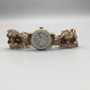 Vtg Timex Watch Women Indiglo 23mm Gold Tone Brown Beaded Band New Battery 7" - Picture 1 of 16