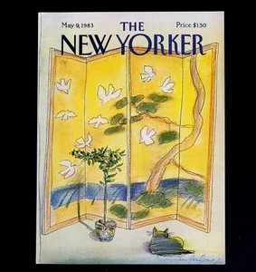 Cubierta de revista New Yorker 1983 gato observando aves en pantalla vintage - Imagen 1 de 1