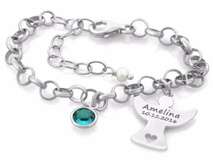 Pulsera de plata con ángel, colgante piedra de nacimiento, regalo de bautizo, plata 925 - Imagen 1 de 3