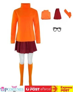 Scooby Doo Velma Top Skirt Glasses Halloween Cosplay Costume Party Outfit - Picture 1 of 10