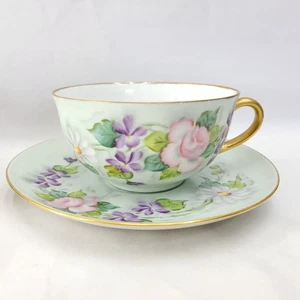 Taza de té y platillo MJ Ronas 1960 8 oz vidrio floral pintado a mano Alemania lote de 2 - Imagen 1 de 9