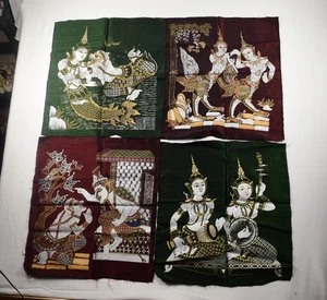 VINTAGE  THAI SILK PAINTING KINNARA, KINNARI FIGURAL ART 4 PANELS  17.5" X 19" - Picture 1 of 14