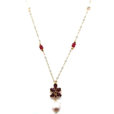 925 Silver Handmade White Baroque Pearl, Rhodolite & Ruby Necklace 16.0 In. - Image 1 of 4