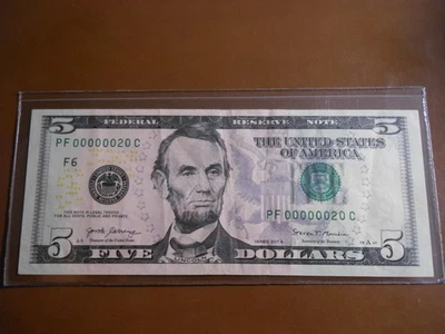 SERIAL NUMBER 20 $5 Very Low Rare Double Digit Fancy Serial Number PD00000020C - Image 1 of 4