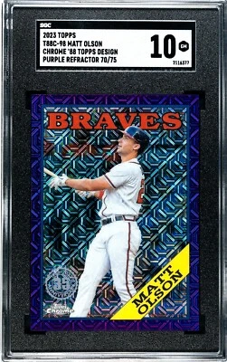 2023 Topps #98 Matt Olson Chrome 1988 Design Silver Pack PURPLE REF /75 SGC 10 - Image 1 of 2