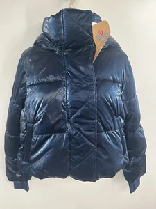 Gap Women’s Navy Blue Big Puff Mock Neck Hooded Cropped Petite Jacket Size S - Picture 1 of 12