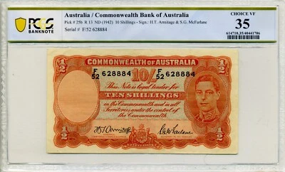Australia 1942 10 Shillings PCGS Certified Banknote Choice VF 35 Pick 25b R13 - Image 1 of 2
