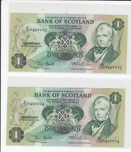 Bank of Scotland 1984 2 x £1 One Pound Banknote Consecutive numbers - Picture 1 of 7