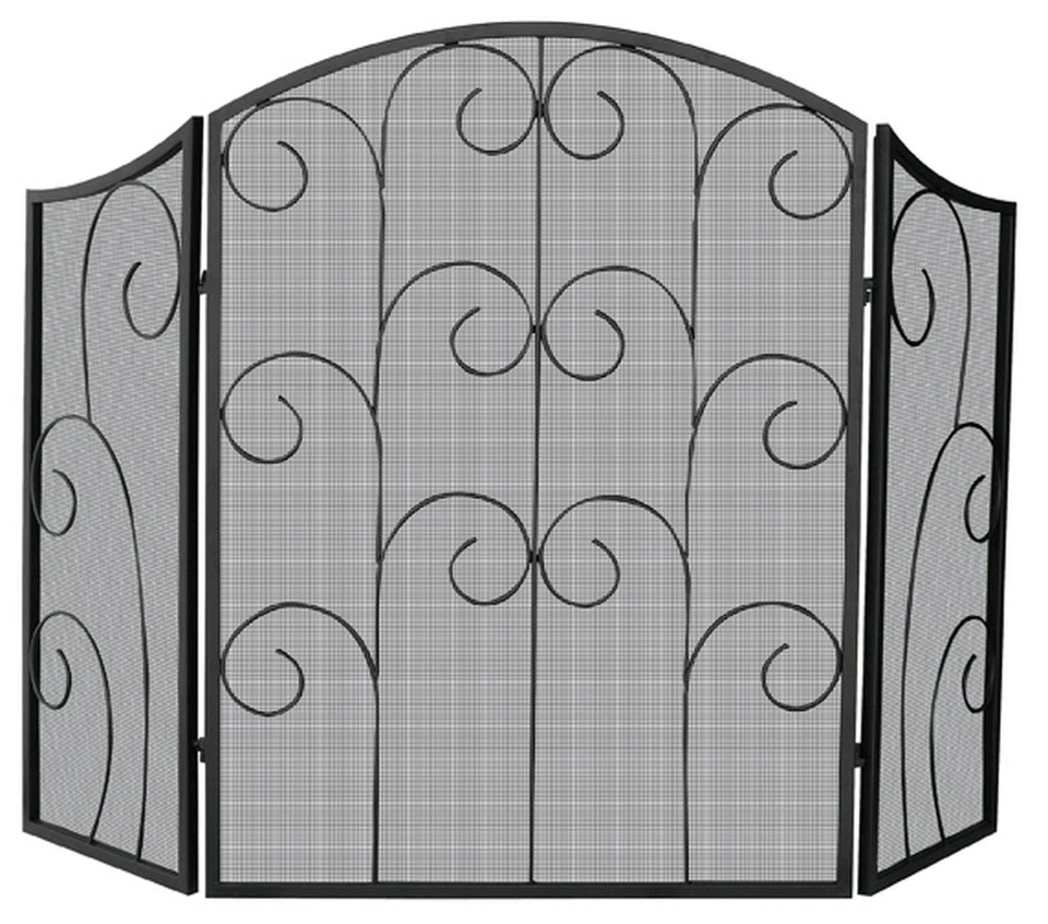 UniFlame S-1015 3 Panel Black Wrought Iron Screen With Decorative Scroll