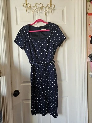 Vestido Vaina Eva Mendes NY & Co Azul Blanco Lunares Rockabilly Años 50 Inspo Talla 4 Foto 1 de 4