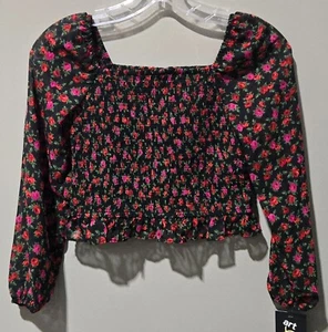 Art Class Girls' XL 14 Black & Red Rose Print Smocked Sheer Sleeve Chiffon Top - Picture 1 of 7