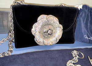 Oscar De La Renta TRO Bag Black Velvet Crystal Encrusted Silver Gardenia - Picture 1 of 9