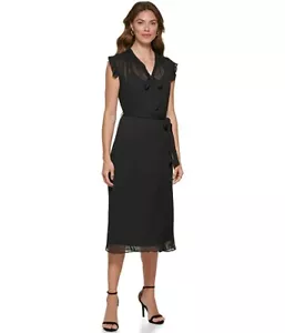 Dkny Midi Dress Women 4 Black V-Neck Ruffle Pleated Sleeveless Tie Waist ERK1150 - Picture 1 of 4