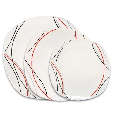 12-pc Dinner Set White Soup Dessert Plates Red Black Semi Square Four Servings - Image 1 of 4