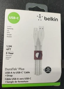 New Belkin DuraTek Plus 4Ft Boost Charger USB-A to USB-C Cable + Strap-White - Picture 1 of 3
