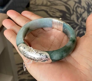 6,6" 925 Silber Handarbeit echte burmesische Jade Frauen Armreif Armband US VERKÄUFER - Bild 1 von 10