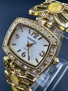 Funktionierende GRUEN Quarz goldfarbene Uhr mit Schmetterlingsband & gelben Edelsteinen K2 - Bild 1 von 10