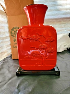 Asian FLAME RED BONSAI VASE Frankoma Pottery With Black Base Vintage mint - Picture 1 of 9