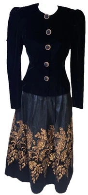 Jaqueta/saia de veludo Jessica McClintock 2 peças preta/dourada fada gótica cosplay formal - Imagem 1 de 4