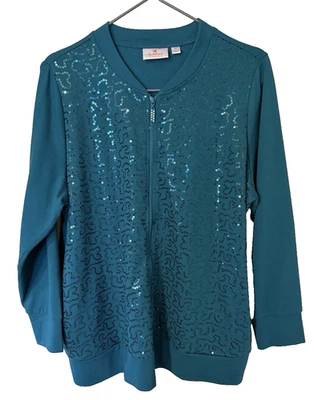 Quacker Factory 1X Spruce Green Sequin Full Zip French Terry Jacket Christmas - Image 1 of 4