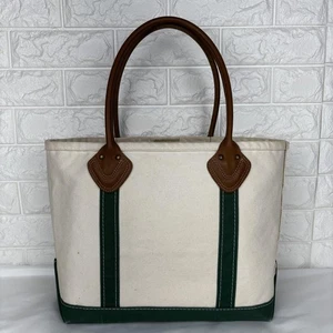 L.L.Bean Boat and Tote Ivory & Green Leather Handle Used - Picture 1 of 5