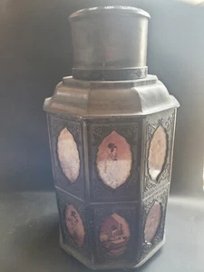 ANTIQUE CHINESE METAL TEA CADDY, REVERSE HAND PAINTED GLASS PANELS, EARLY 1900s - Picture 1 of 13