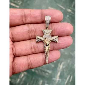 2Ct Round Cut Lab-Created Diamond Jesus Cross Pendant 14K Yellow Gold Plated - Picture 1 of 7