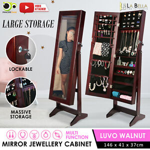 Mirror Jewellery Cabinet Storage Organiser Box Makeup Wooden Full Length Walnut
