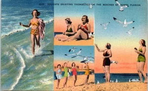 Trajes de baño de lino de la década de 1950 postal de turistas disfrutando en las playas - Imagen 1 de 2