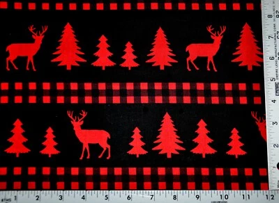 RED/BLACK BUFFALO CHECK BORDERS  DEER &TREES ON BLACK COTTON FABRIC 1 YD 44X36" - Image 1 of 2